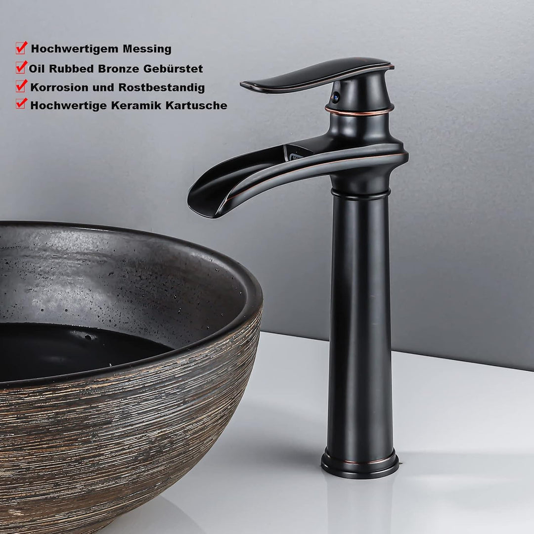 YAGJIA Wasserhahn Bad Schwarz Wasserfall, Waschtischarmatur Hoch Retro, Waschbecken Armaturen Messin
