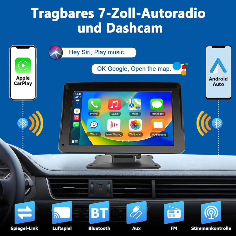 Podofo 7 Zoll Wireless Apple Carplay Android Auto Tragbares Autoradio Touchscreen Auto Stereo Radio