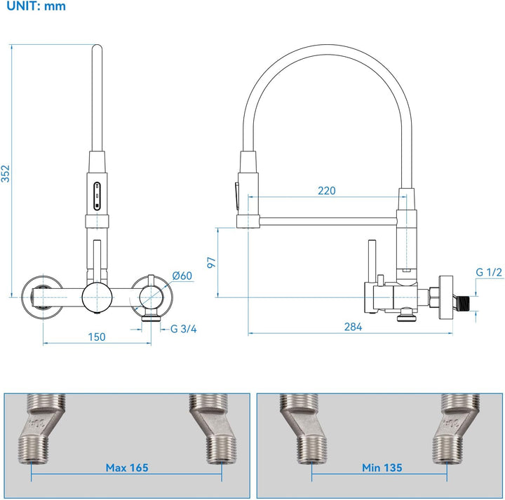 Wasserhahn Küche Wandmontage mit 3/4 Zoll Anschluss, Küchenarmatur Wand für Geschirrspüler/Waschmasc