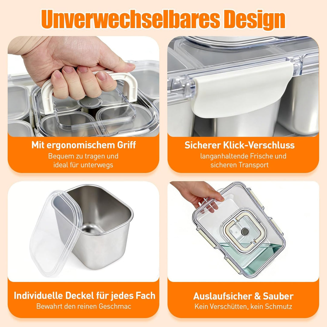 Snackbox mit 8 Edelstahl Fächern Tragbar Snack Aufbewahrungsbox mit Deckel und Griff, Auslaufsichere