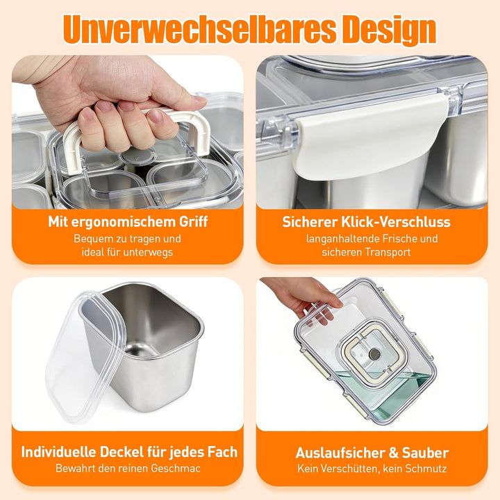 Snackbox mit 8 Edelstahl Fächern Tragbar Snack Aufbewahrungsbox mit Deckel und Griff, Auslaufsichere