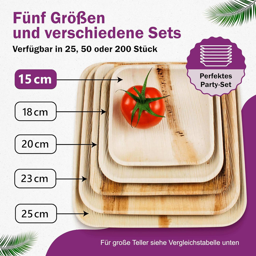 Waipur Bio Palmblattteller - 25 Teller klein eckig 15x15 cm - Premium Einweggeschirr kompostierbar -