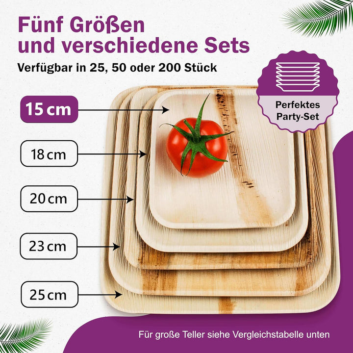 Waipur Bio Palmblattteller - 25 Teller klein eckig 15x15 cm - Premium Einweggeschirr kompostierbar -