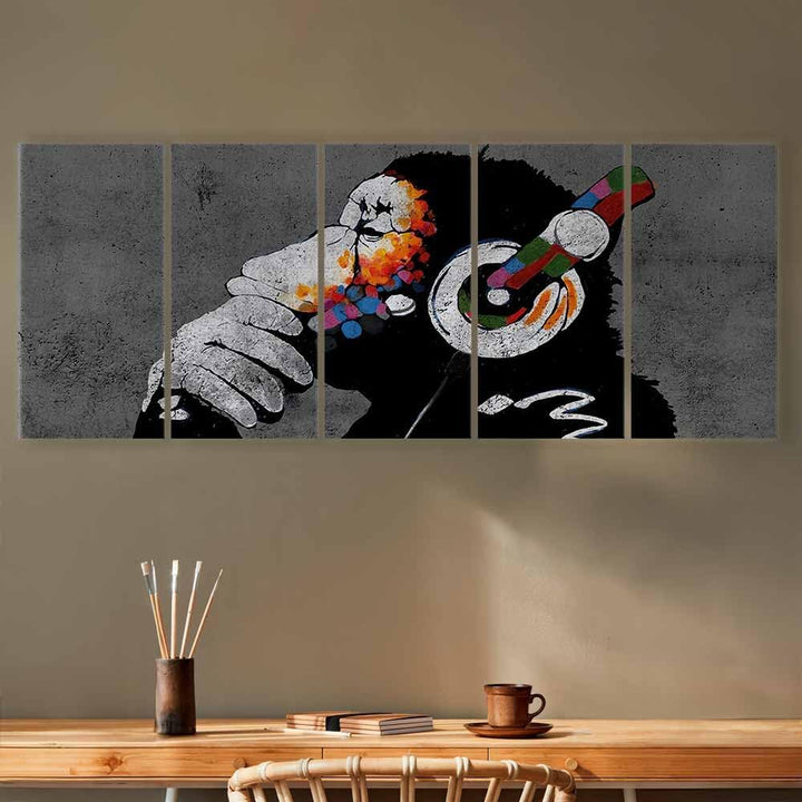 murando - Akustikbild DJ Affe 150x60 cm 5 tlg Bilder Akustikschaum Schallschutz Kunst Akustikpaneele