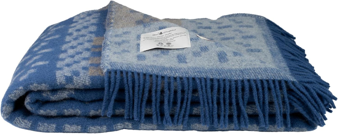 ÖJBRO VANTFABRIK "Skaftö Marin gewebte Wolldecke mit Fransen 130x220 cm blau/grau/beige 100% Merinow