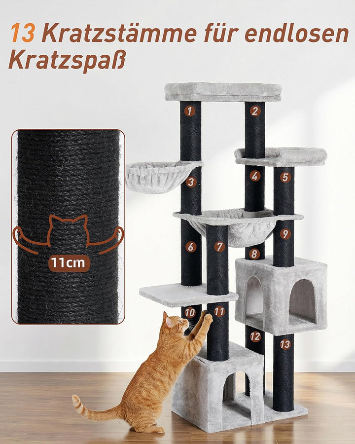 Kratzbaum Gross, 164cm Kratzbaum Grosse Katzen Stabil mit 11cm d Stämme, 2 Hängematte, 2 Plüschplatt