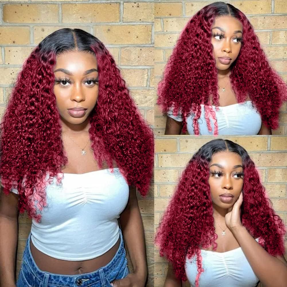 Curly V Part Wig Human Hair Burgundy Echthaar Perücke Real Hair Wig Red V Part Real Lockiges Menschl