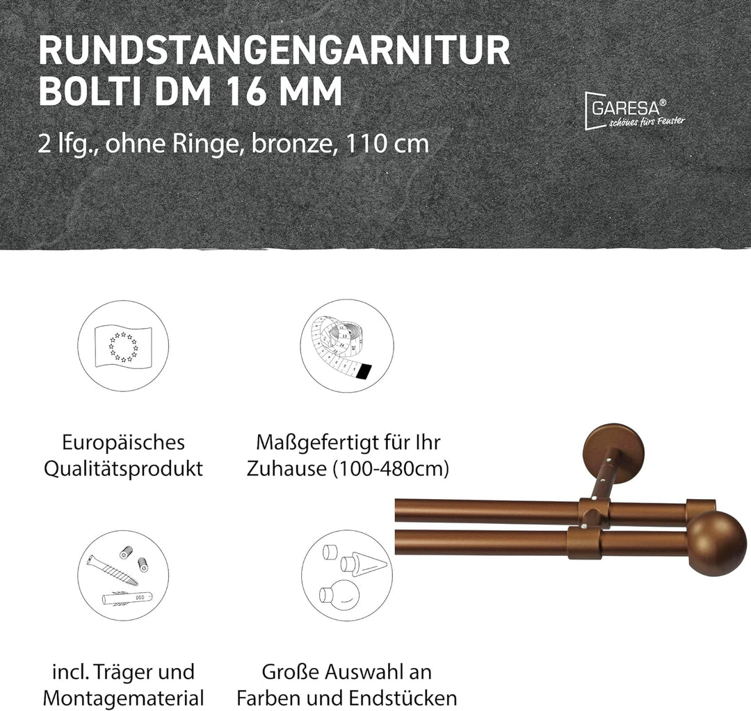 Garesa Gardinenstange Bolti Ø 16mm, 2-läufig, Bronze I Stabile Vorhangstange ohne Ringe I Mit Endkno