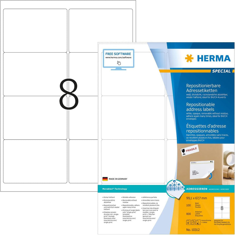 HERMA 10312 Universal Etiketten blickdicht ablösbar, 100 Blatt, 99,1 x 67,7 mm, 8 Stück pro A4 Bogen