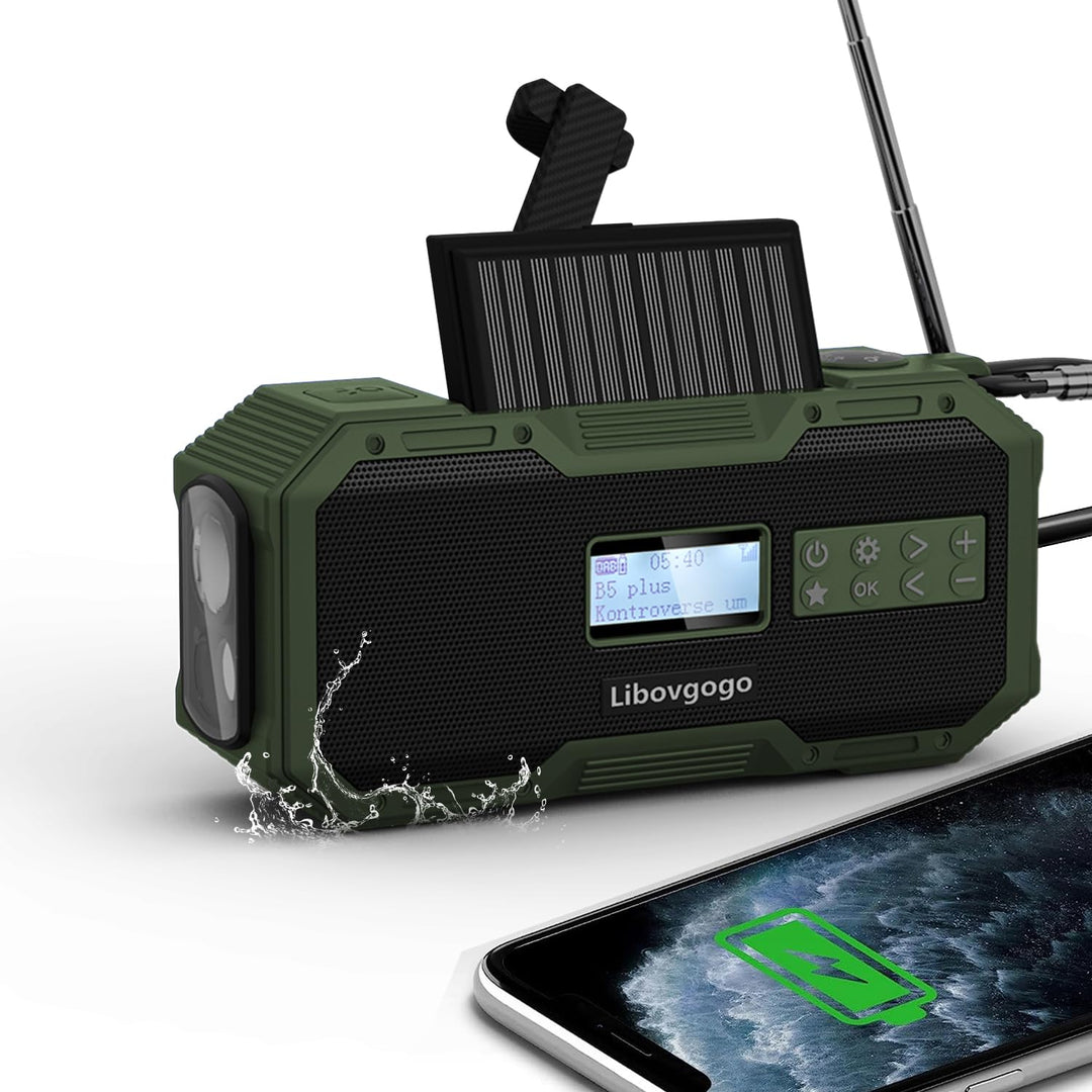 Libovgogo DF-587D Tragbares DAB+ UKW Radio mit wasserdichtem Bluetooth-Lautsprecher, Kurbelradio mit