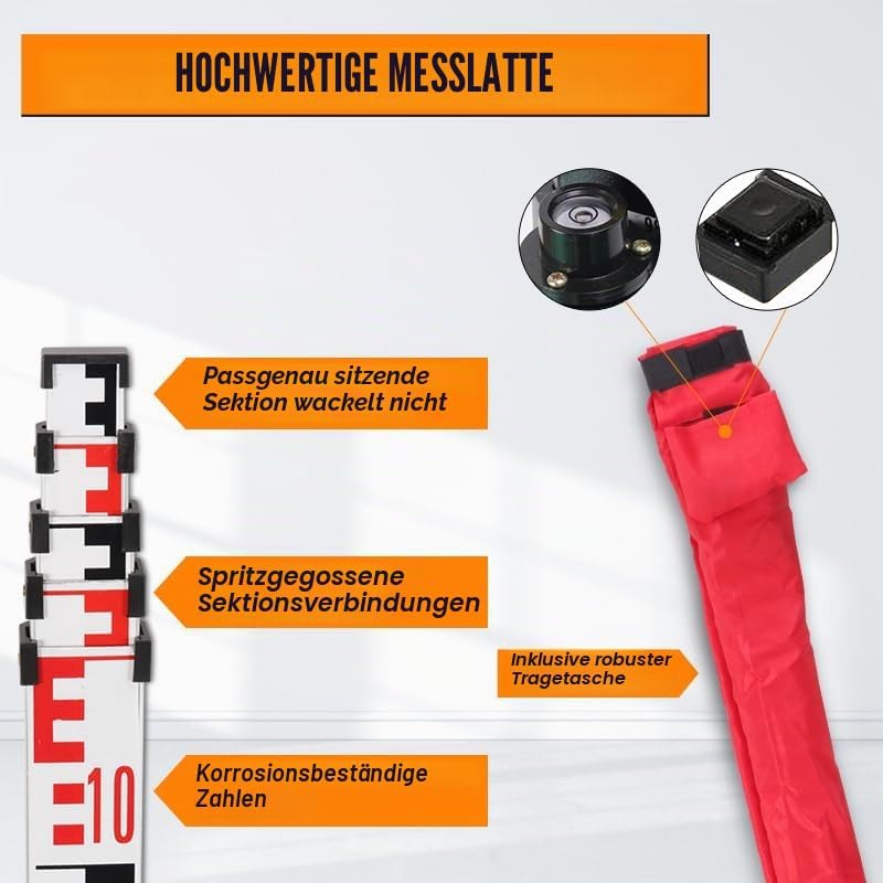 Nivellier Messlatte, Aluminium Nivellierlatte, Teleskop Nivellierlatte, 5m Länge in 5 Segmenten, cm/
