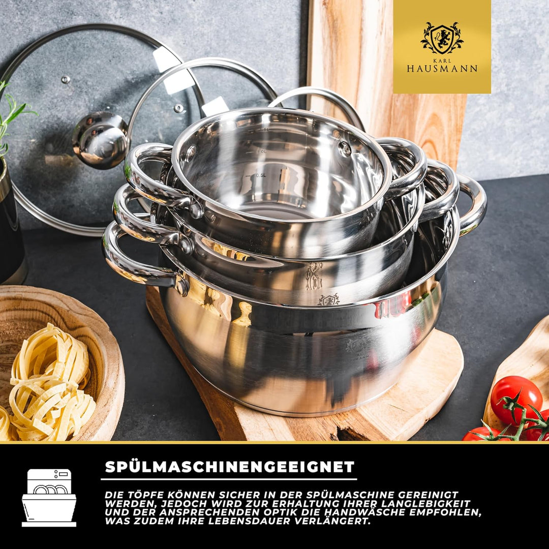 Topfset Induktion 3-teilig, Kochtopf Set mit Glasdeckel, Edelstahl mattiert, Induktions Töpfe Set un