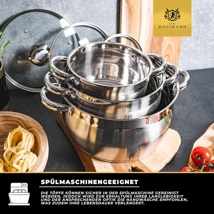 Topfset Induktion 3-teilig, Kochtopf Set mit Glasdeckel, Edelstahl mattiert, Induktions Töpfe Set un