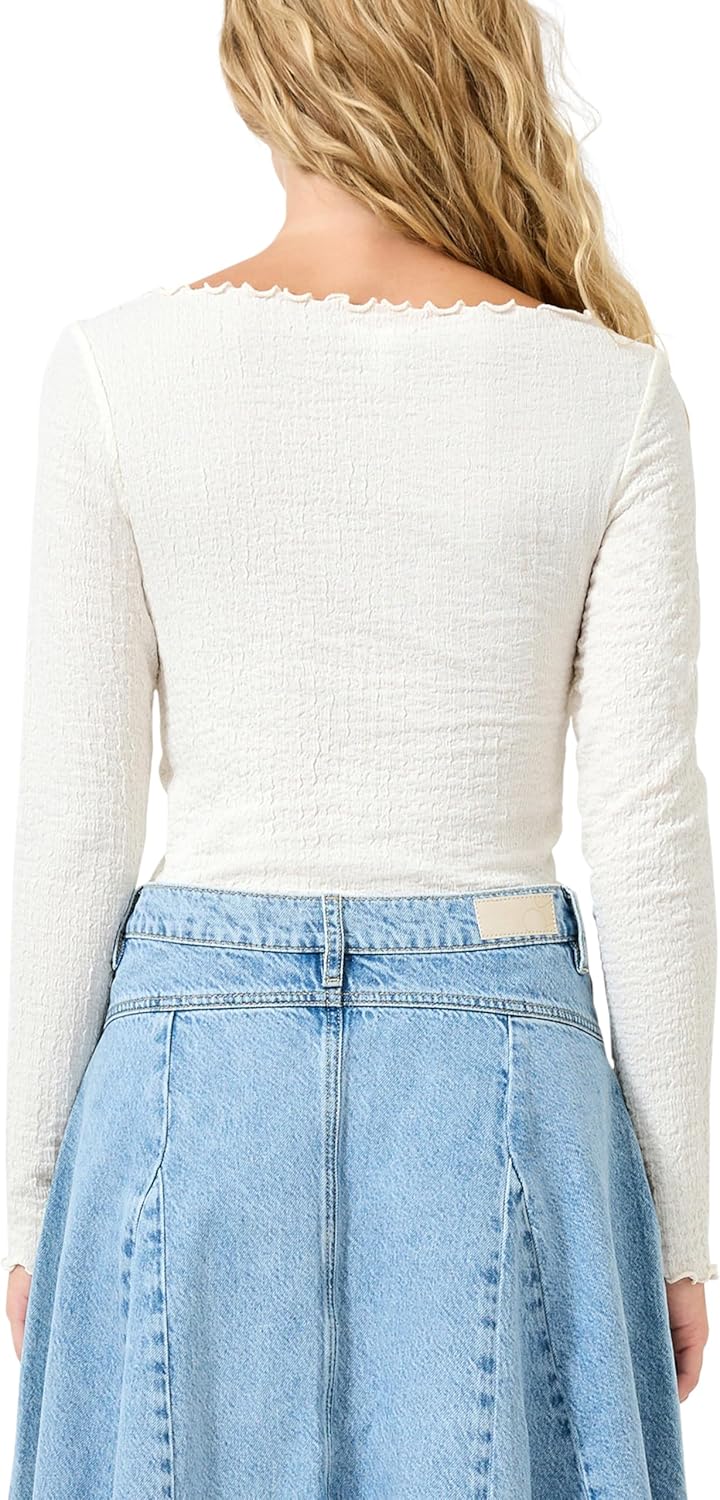 QS Damen Strukturiertes Langarmshirt T-Shirt Langarm XXL 0300_creme, XXL 0300_creme