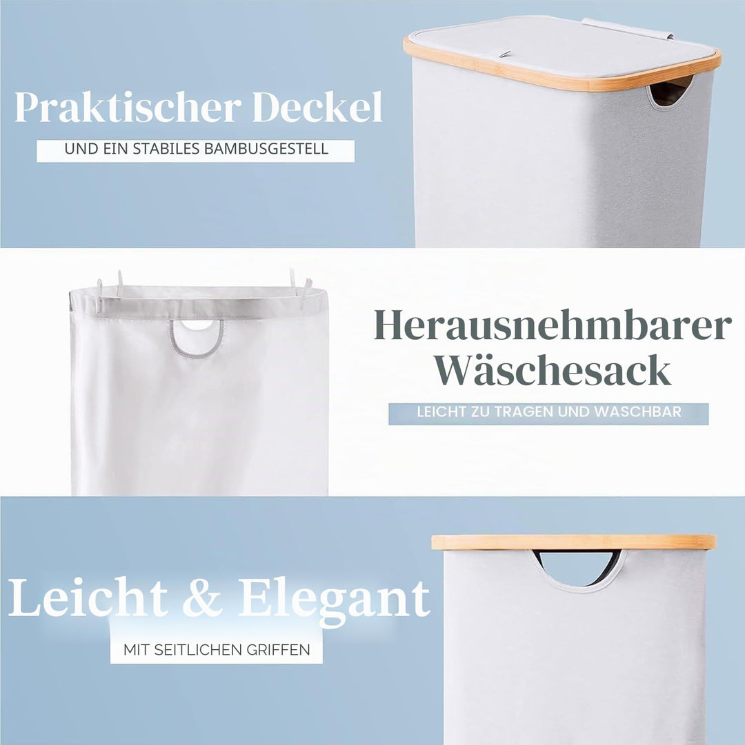 Lonbet - Wäschekorb mit Deckel Gross - XL 100 Liter - Wäschekorb Holz Bambus - Wäschesammler Hellgra