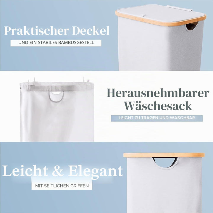 Lonbet - Wäschekorb mit Deckel Gross - XL 100 Liter - Wäschekorb Holz Bambus - Wäschesammler Hellgra
