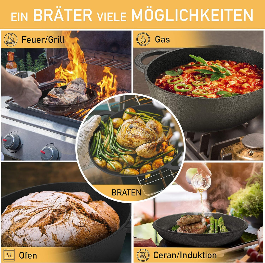 DREIZACK DREIZACK Gusseisenbräter mit Grilldeckel, multifunktionaler Gusseisentopf, Gusseisenpfanne,