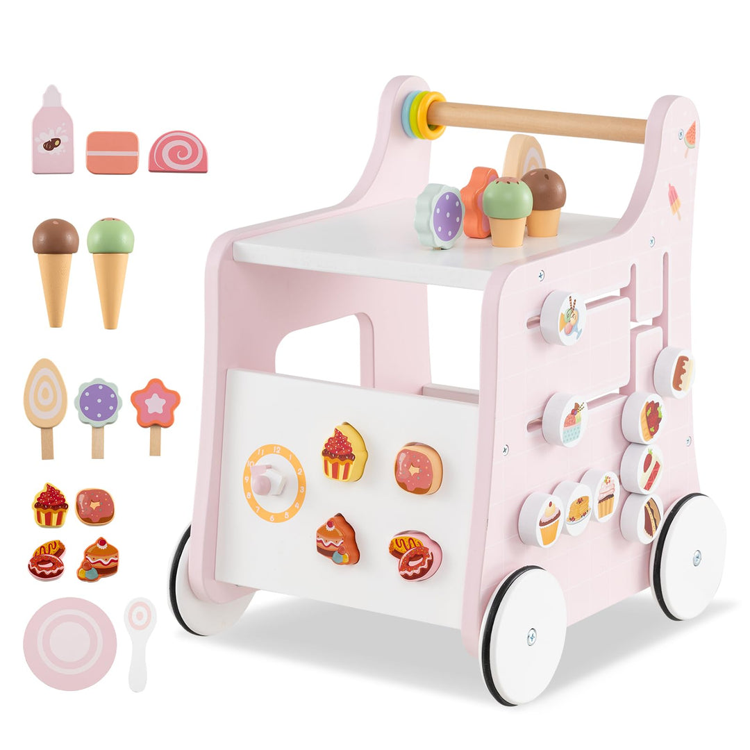 COSTWAY Lauflernwagen Holz, Lauflernhilfe mit Stauraum, Dessertladen auf Rädern mit Eiscreme, Schieb