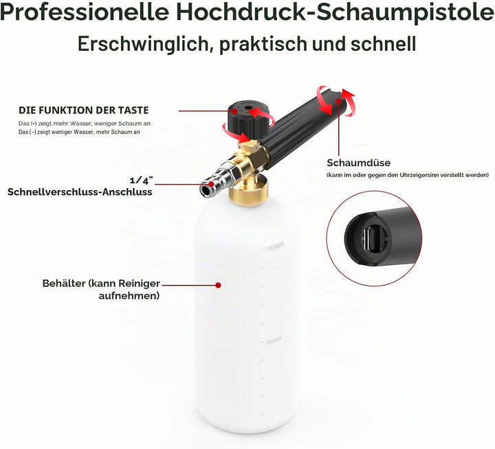 Stone Banks Schneeschaum Lanze Hochdruckreiniger Schaumkanone, 1L Einstellbare Seifenspender Flasche