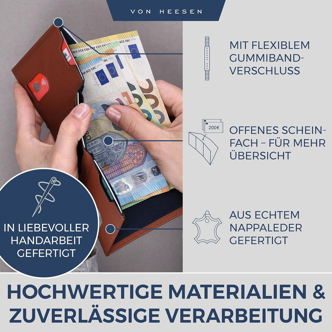 VON HEESEN Slim Wallet mit XL Münzfach &amp; RFID-Schutz - Leder Geldbeutel - Mini Geldbörse für Herren