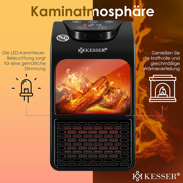 KESSER® Steckdosen Heizlüfter Energiesparend Mini mit Kaminfeuereffekt Fernbedienung LCD Display Ker