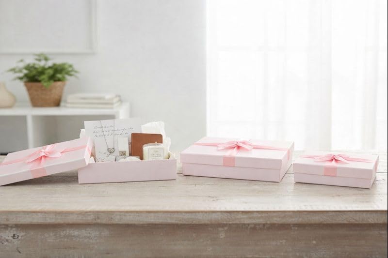 Emartbuy 3er Set starre Geschenkboxen, Babyrosa Box mit Deckel, innen braun und Satinband, 3er-Set –