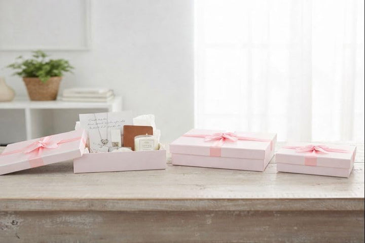 Emartbuy 3er Set starre Geschenkboxen, Babyrosa Box mit Deckel, innen braun und Satinband, 3er-Set –