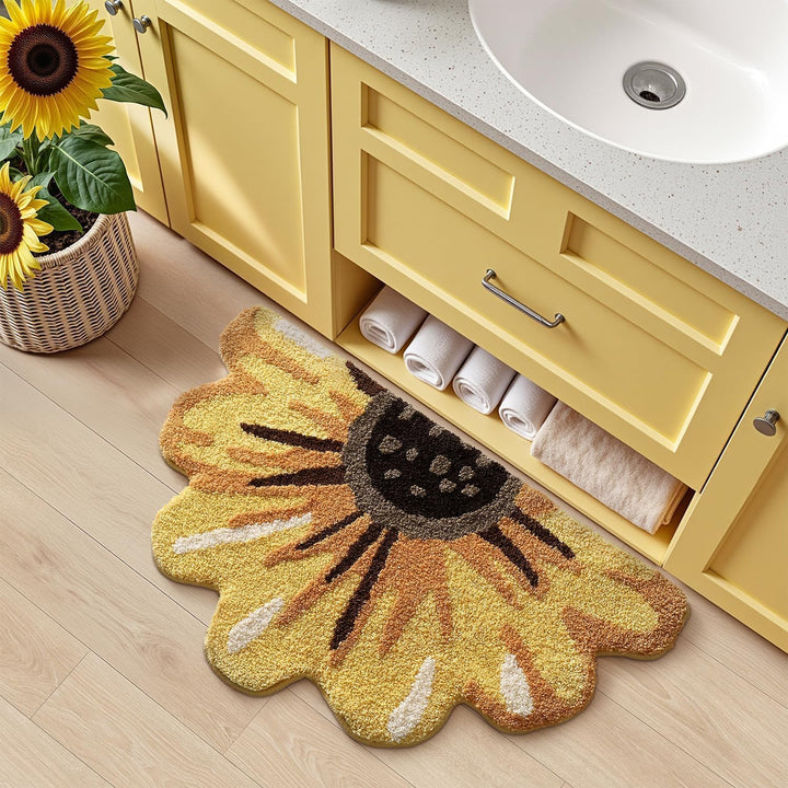 DEXI Badezimmerteppich 51 x 91 cm, Badematte rutschfest Absorbierende mit Sonnenblumenmuster, Blumen