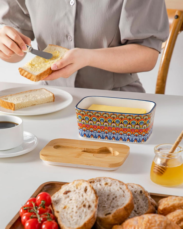 Butterdose Keramik, vancasso SIMI Hochwertige Butterglocke mit Messer und Holzdeckel, Butterdose Por