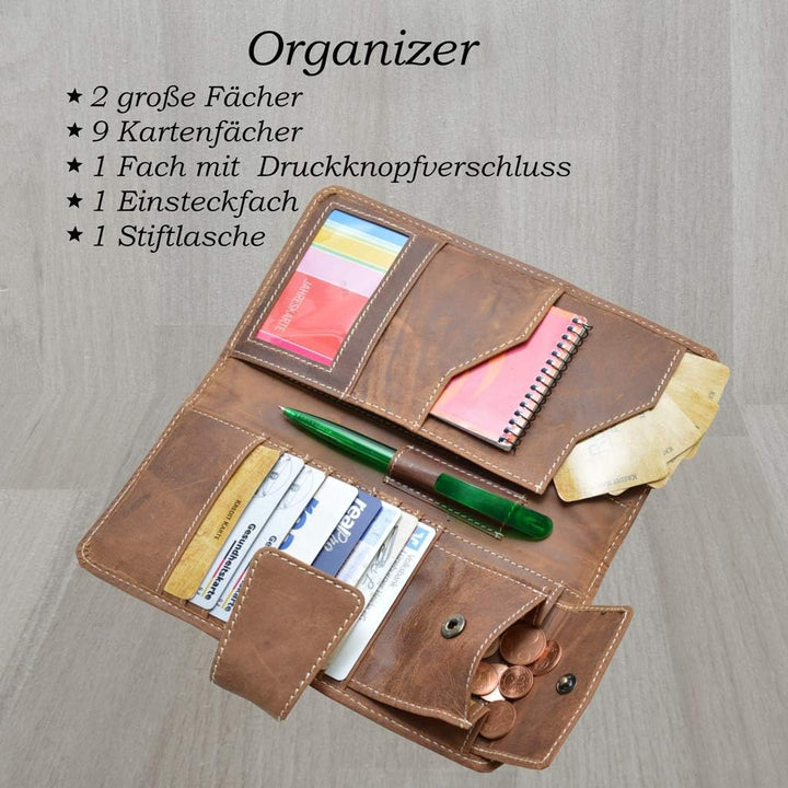 flevado Echt-Leder Herren Damen Organizer Reisebrieftasche Kredit Kartenetui Reise Travel Wallet Her