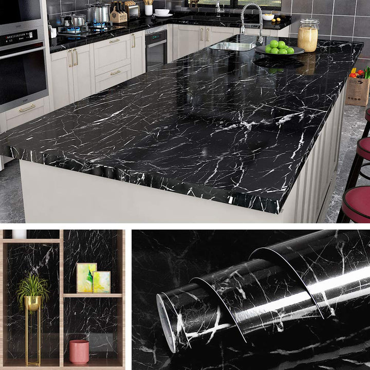 Livelynine 5M X 60 CM Breit Klebefolie Schwarz Marmor Folie für Möbel Tisch Tischplatte Küchenwand K