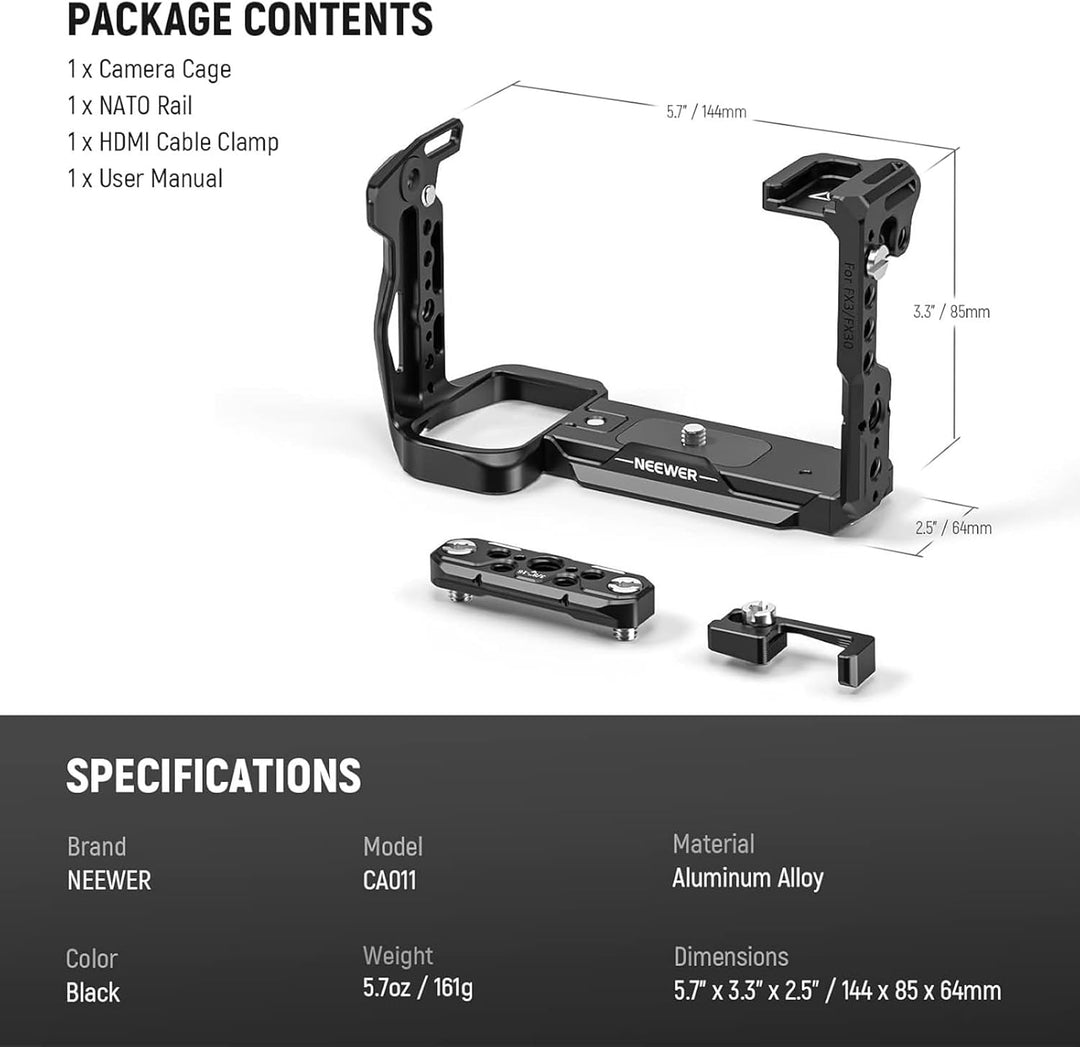 NEEWER FX3/FX30 Cage Kamera Käfig mit HDMI Cable Clamp,NATO Schiene,3/8"ARRI Positionierungslöcher,
