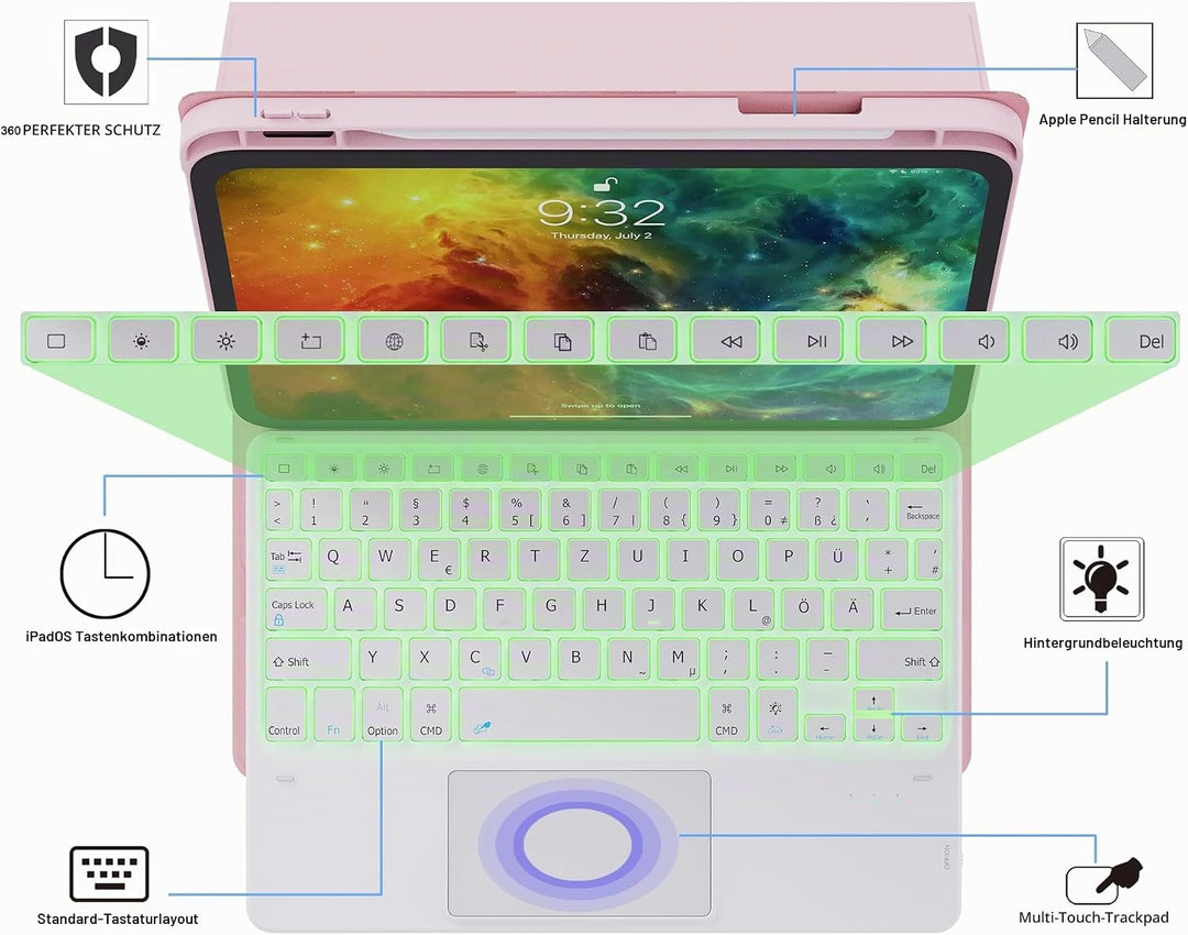 ROOFEI Hülle mit Tastatur für iPad (A16) 11.Generation 11" 2025, iPad 10. Generation 10.9" 2022-7 Fa
