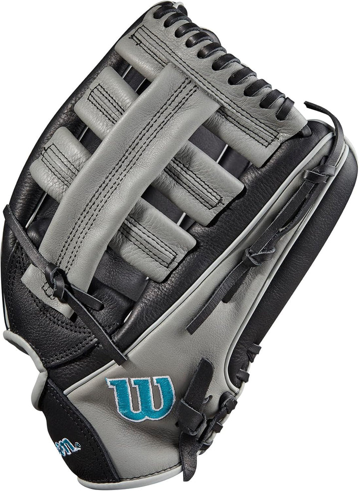 WILSON 2023 A500 Jugend-Baseballhandschuh Schwanrz/Grau/Blau 12.5" Linke Hand Wurf, Schwanrz/Grau/Bl