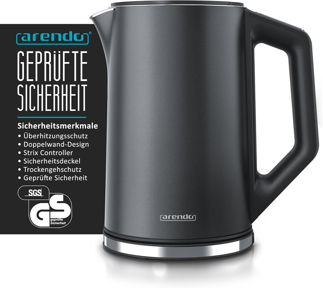 Arendo - Edelstahl Wasserkocher mit Temperatureinstellung 40-100 Grad in 5er Schritten - Doppelwand
