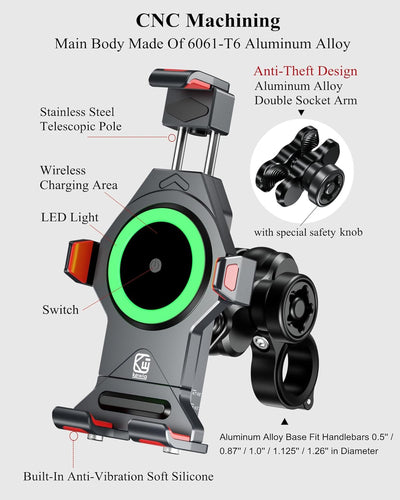 BRCOVAN Aluminiumlegierung Motorrad Handyhalterung mit Qi 15W Drahtloses Ladegerät und Vibrationsdäm