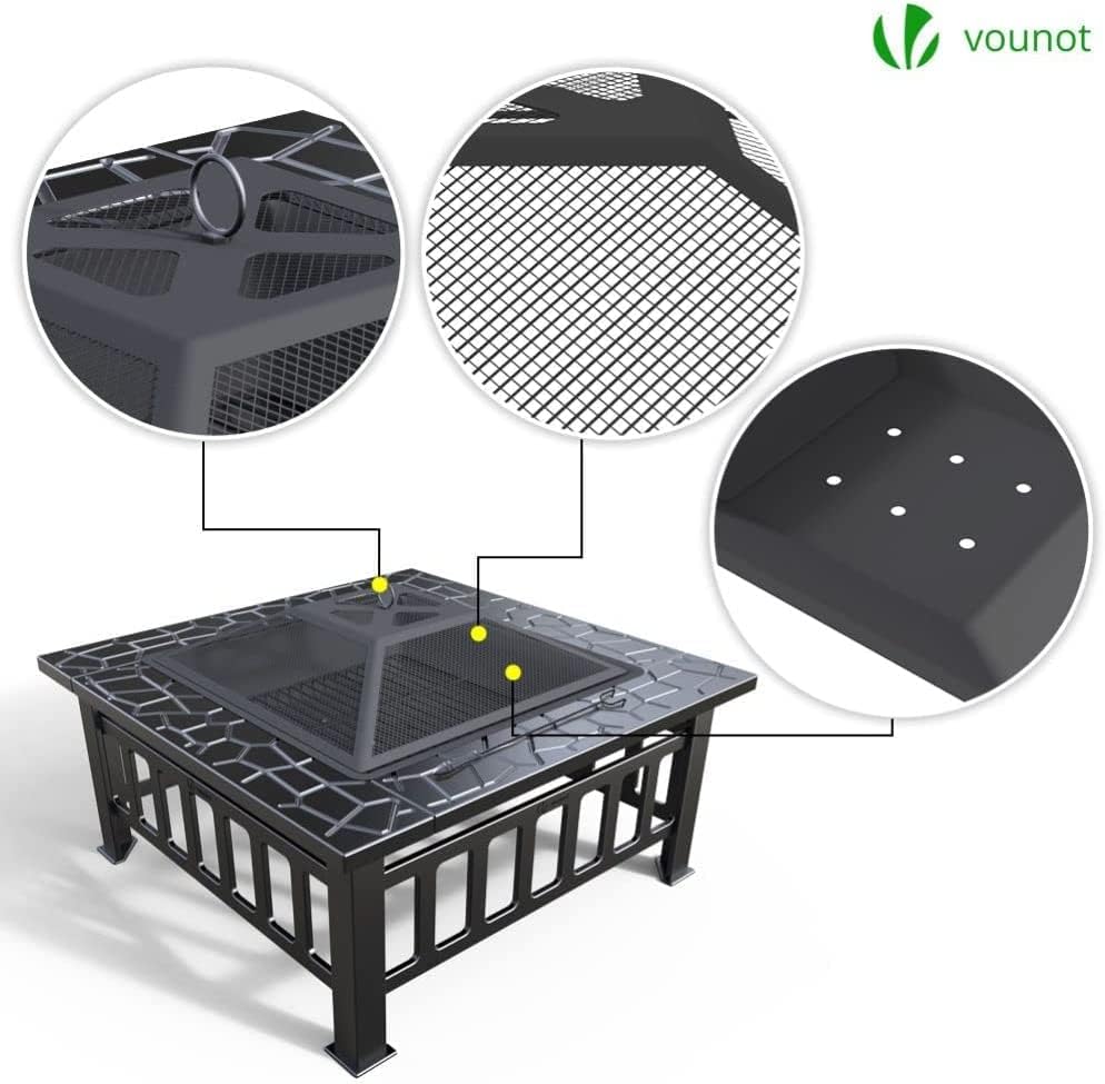 VOUNOT Feuerschale mit Funkenschutz und Grillrost, Feuerstelle Feuerkorb für Garden Terrasse Heizung