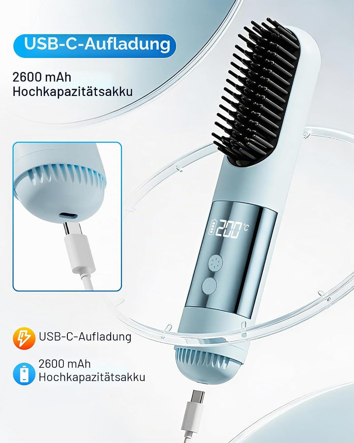 Kabellose Glättbürste für kurze Haare, Elektrische Haarglätter Bürste mit 3 Temperaturstufen 160-200