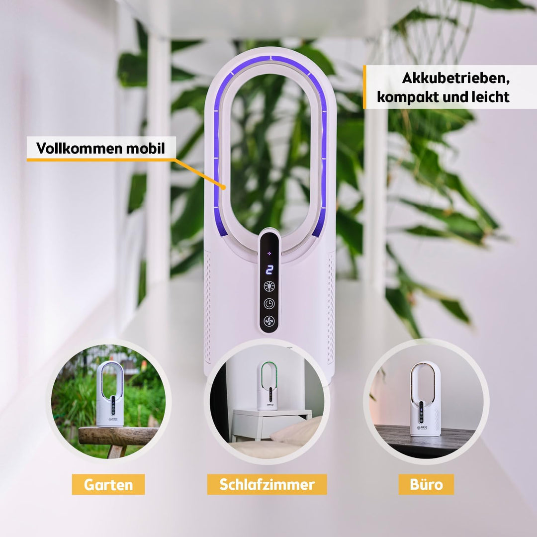 TZS First Austria Tischventilator mit Akku 2500mAh | USB Aufladekabel 5V | Leiser Ventilator mit Dis