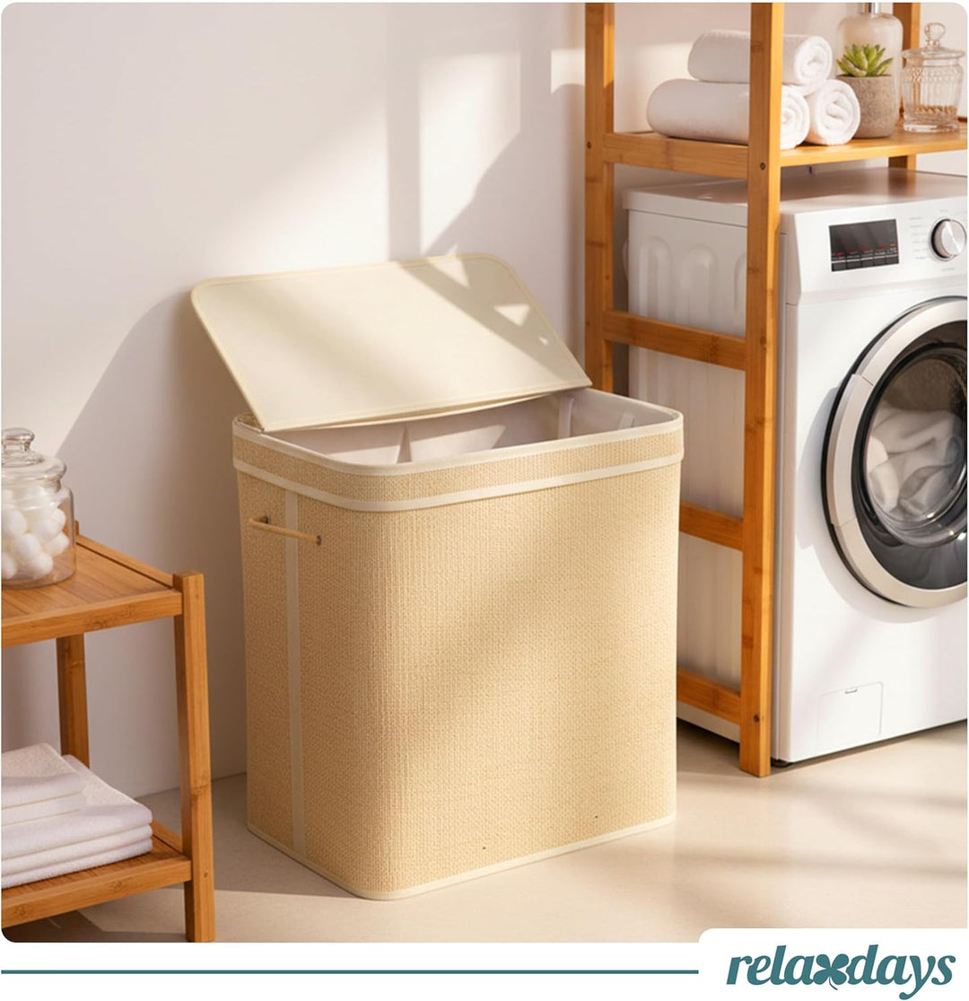 Relaxdays Wäschekorb mit Deckel, Bambus, 90 l, Faltbare Wäschebox, HxBxT: 61 x 49 x 33 cm, Badezimme