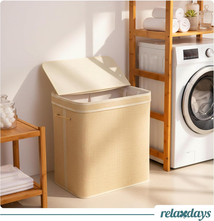 Relaxdays Wäschekorb mit Deckel, Bambus, 90 l, Faltbare Wäschebox, HxBxT: 61 x 49 x 33 cm, Badezimme