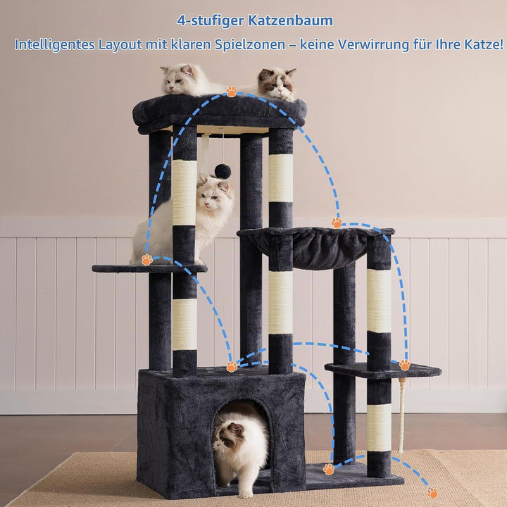 Heybly Kratzbaum 120cm - Grosser Katzenbaum für Erwachsene Katzen mit XL-Basis, Katzenwohnung mit Me