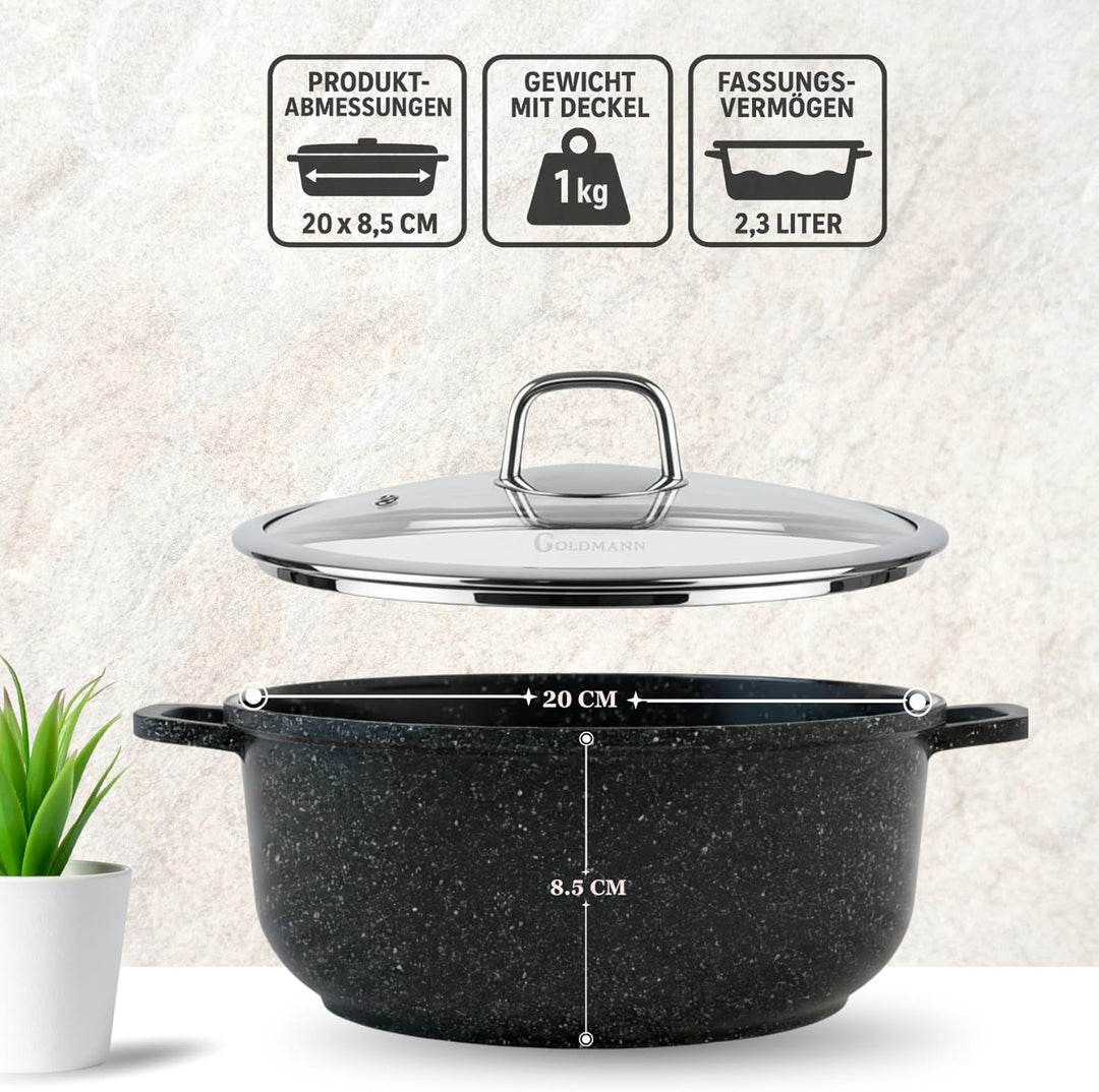 GOLDMANN Premium Gussaluminium Kochtopf 20 cm (2,3 L) – Keramik-Marmor Antihaft-Kasserolle mit Glasd