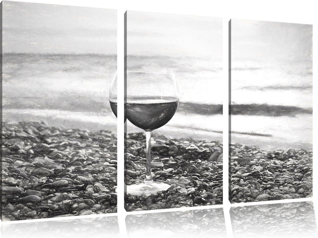 Pixxprint Weinglas am Strand als Leinwandbild/Grösse: 3 Teilig (120x80 cm) cm/Wandbild/Kunstdruck/fe