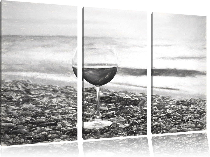 Pixxprint Weinglas am Strand als Leinwandbild/Grösse: 3 Teilig (120x80 cm) cm/Wandbild/Kunstdruck/fe