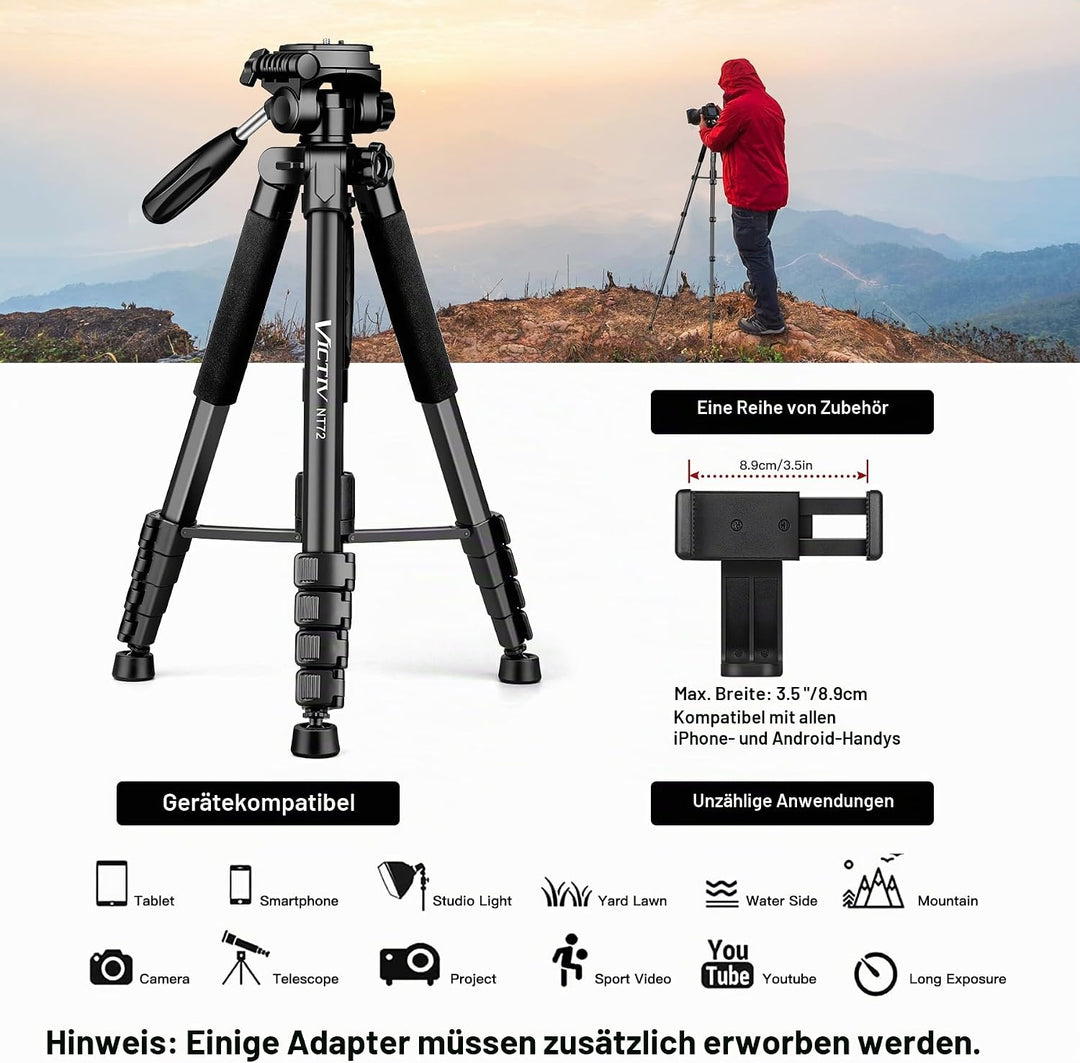 Victiv stativ Kamera 182 cm Aluminium Kamerastativ Einbeinstativ T72 Tripod- Leicht und Kompakt Reis