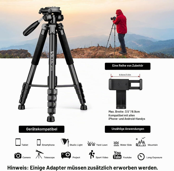 Victiv stativ Kamera 182 cm Aluminium Kamerastativ Einbeinstativ T72 Tripod- Leicht und Kompakt Reis