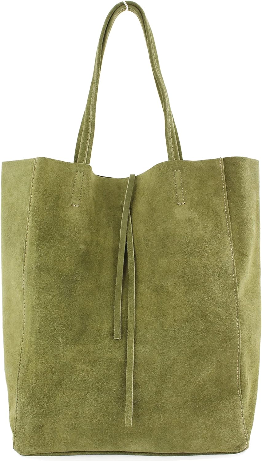 modamoda de - T163 - Ital. Shopper Large mit Innentasche aus Leder Olivgrün Wildleder, Olivgrün Wild