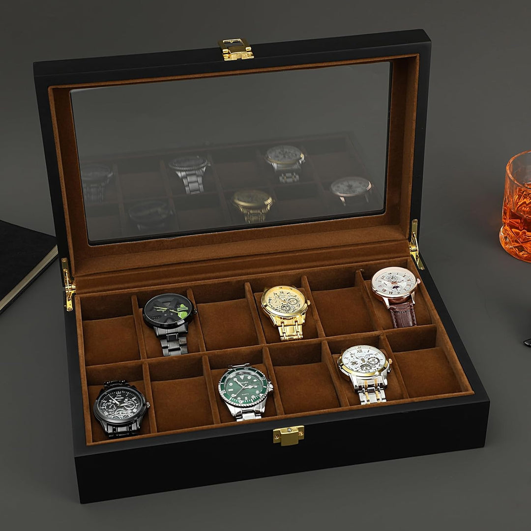 R.SHENGTE Uhrenbox,12 Slots Holzuhr Organizer Box mit Glasdeckel,Schmuck Aufbewahrungsbox für Männer