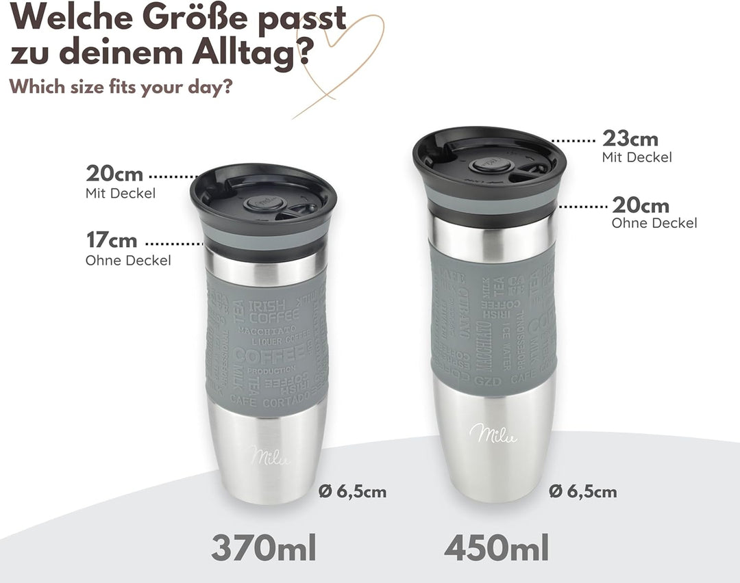 Milu Thermobecher 370ml 450ml Isolierbecher Kaffeebecher to go - 100% Auslaufsicher - Trinkbecher au